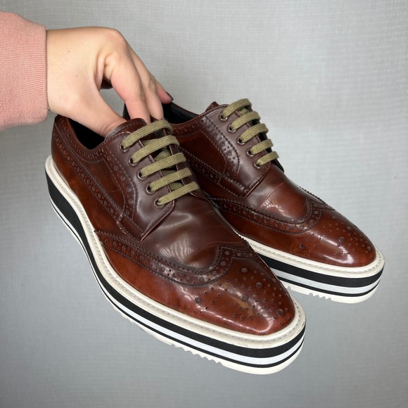 PRADA Designer Men's Brown‎ Leather Wingtip Platform Brogues Dress Shoes Size 39